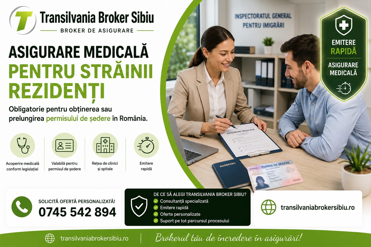 Banner asigurare medicală pentru străinii rezidenți – asigurare necesară pentru obținerea sau prelungirea permisului de ședere în românia prin transilvania broker sibiu.