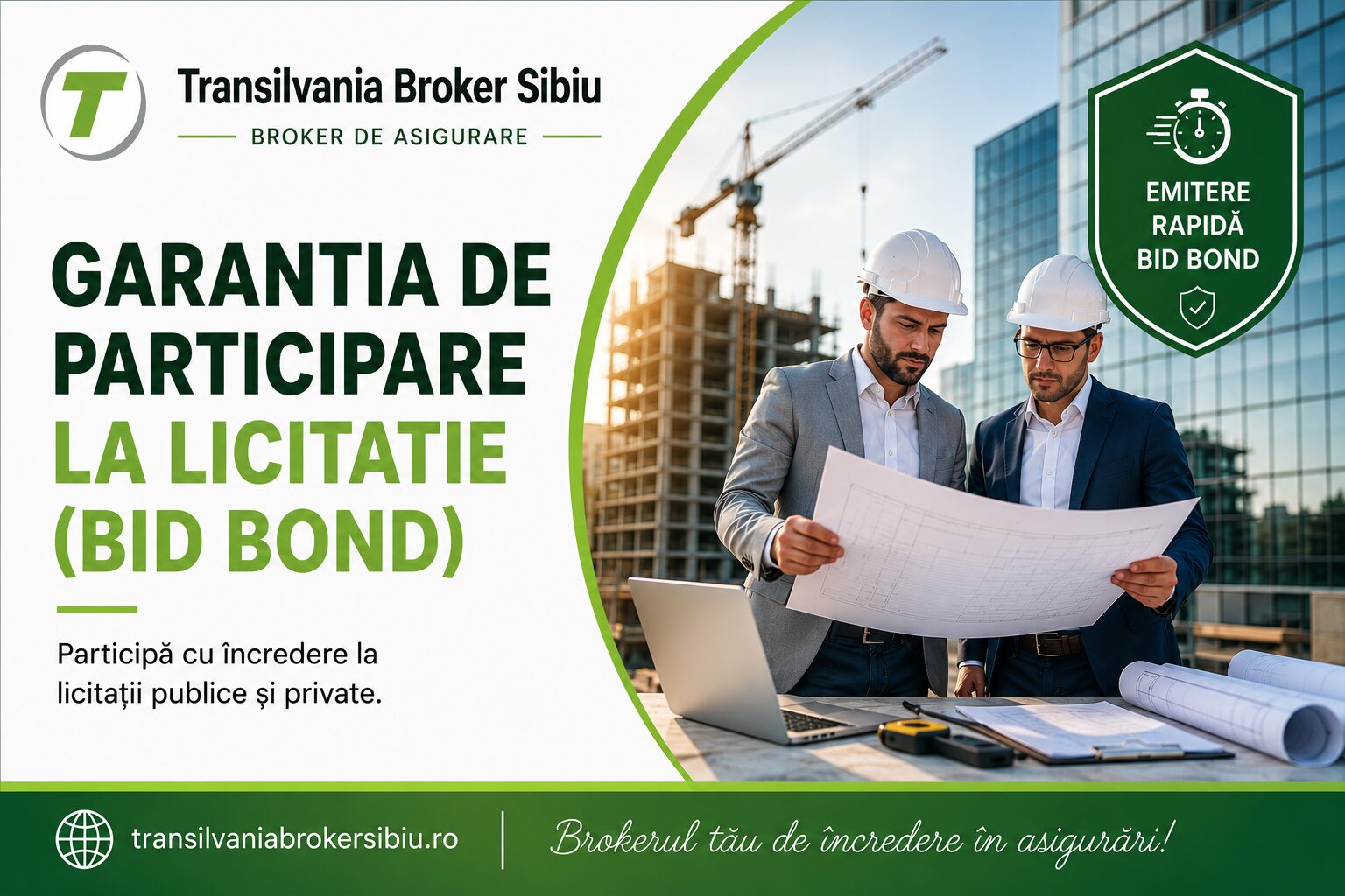 Asigurari Transilvania Broker Sibiu - Ghid pentru Garanții de participare la licitații pentru firmele din Romania 1 Garanția de participare la licitatie (bid bond) prin transilvania broker sibiu, destinată companiilor care participă la licitații publice și private, oferind garanția financiară solicitată de autoritățile contractante conform documentației de atribuire.